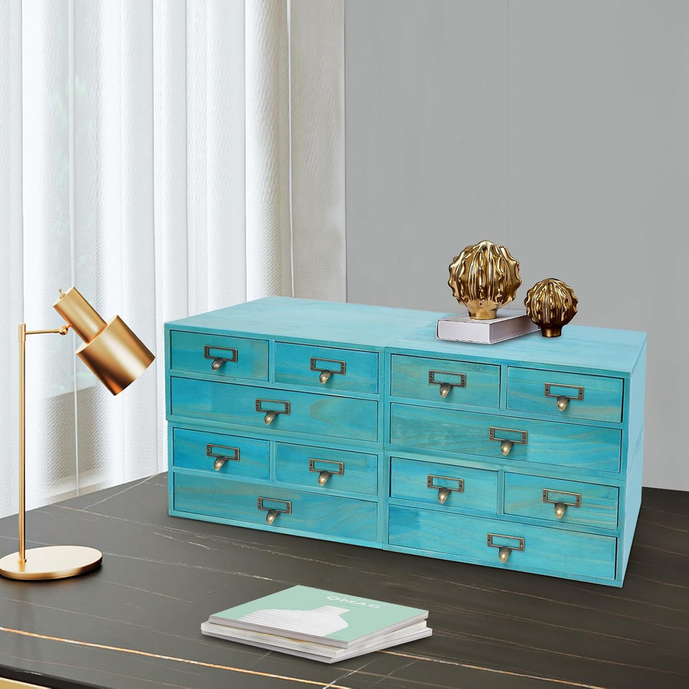 4 Pcs Vintage Desktop Organizer Set, Wooden 12 Drawer Storage Cabinets with M...