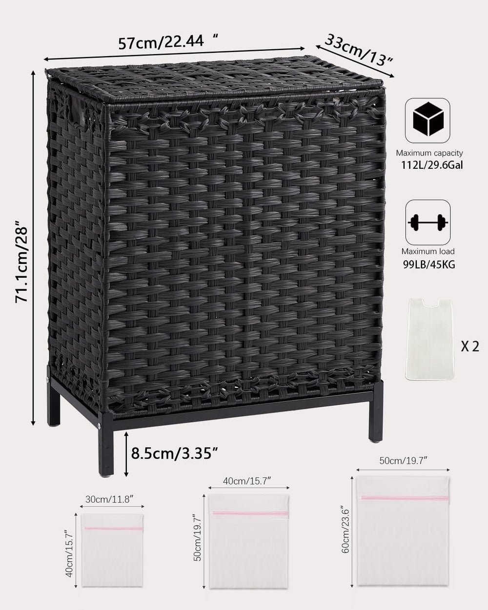 SETVSON Laundry Hamper with Lid, 112 L PE Rattan Woven Bin, Black