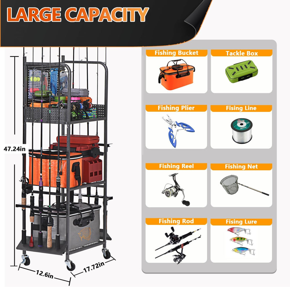 Heavy Duty Fishing Rod Rack, Fishing Organizer for Garage, Fishing Gear Holde...