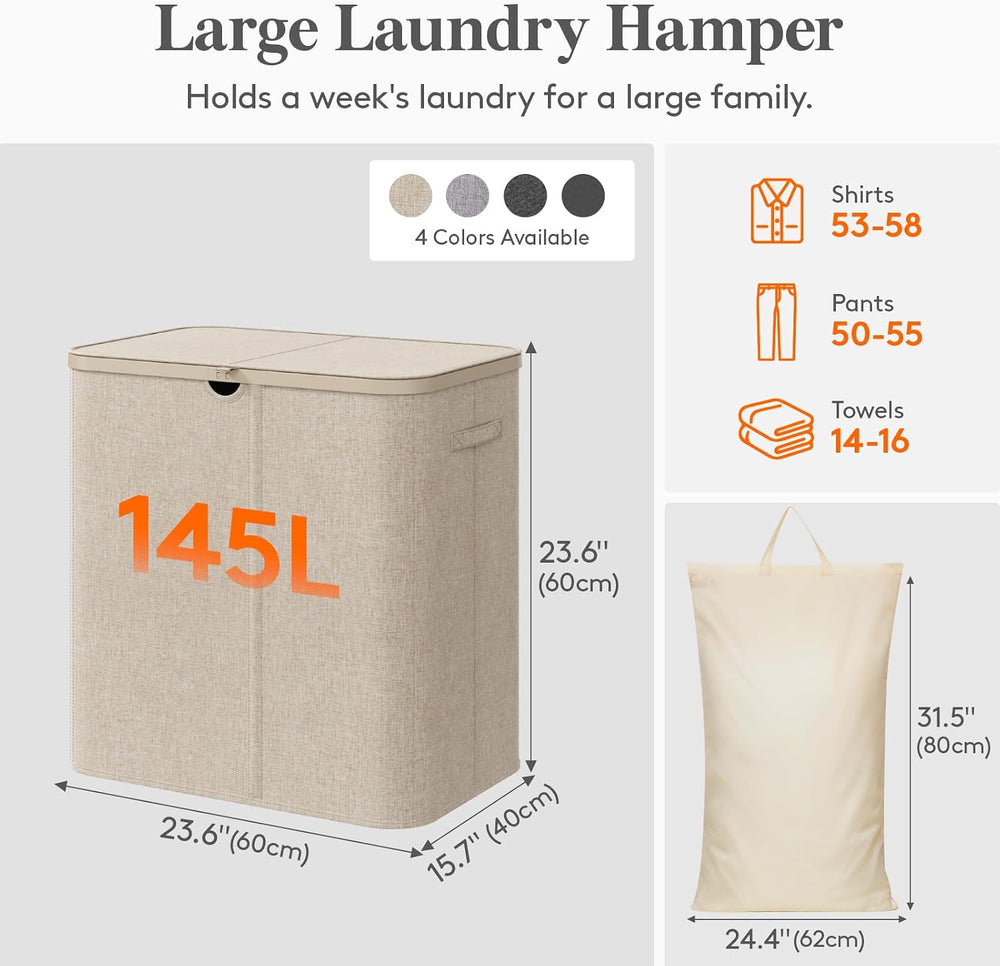 Lifewit 145L Large Laundry Basket with Lid, Laundry Hamper with Plastic Handl...