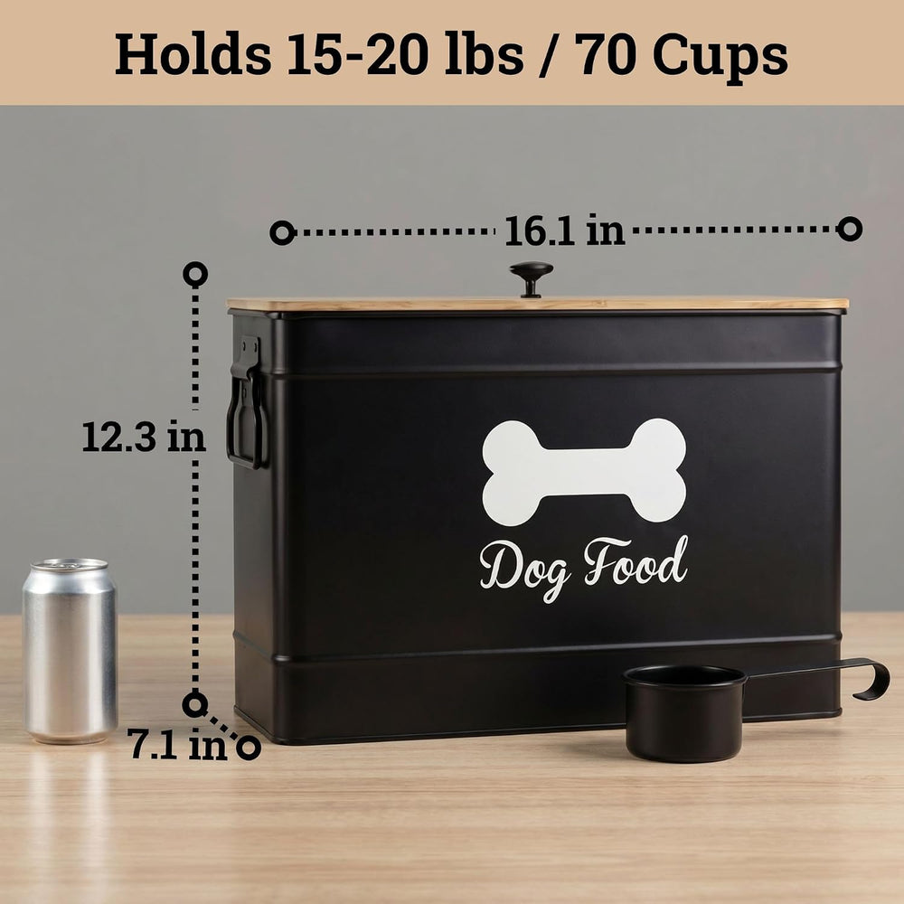 Metal Dog Food Container 15-20 lbs w/ Airtight Bamboo Lid, 70 Cup Capacity