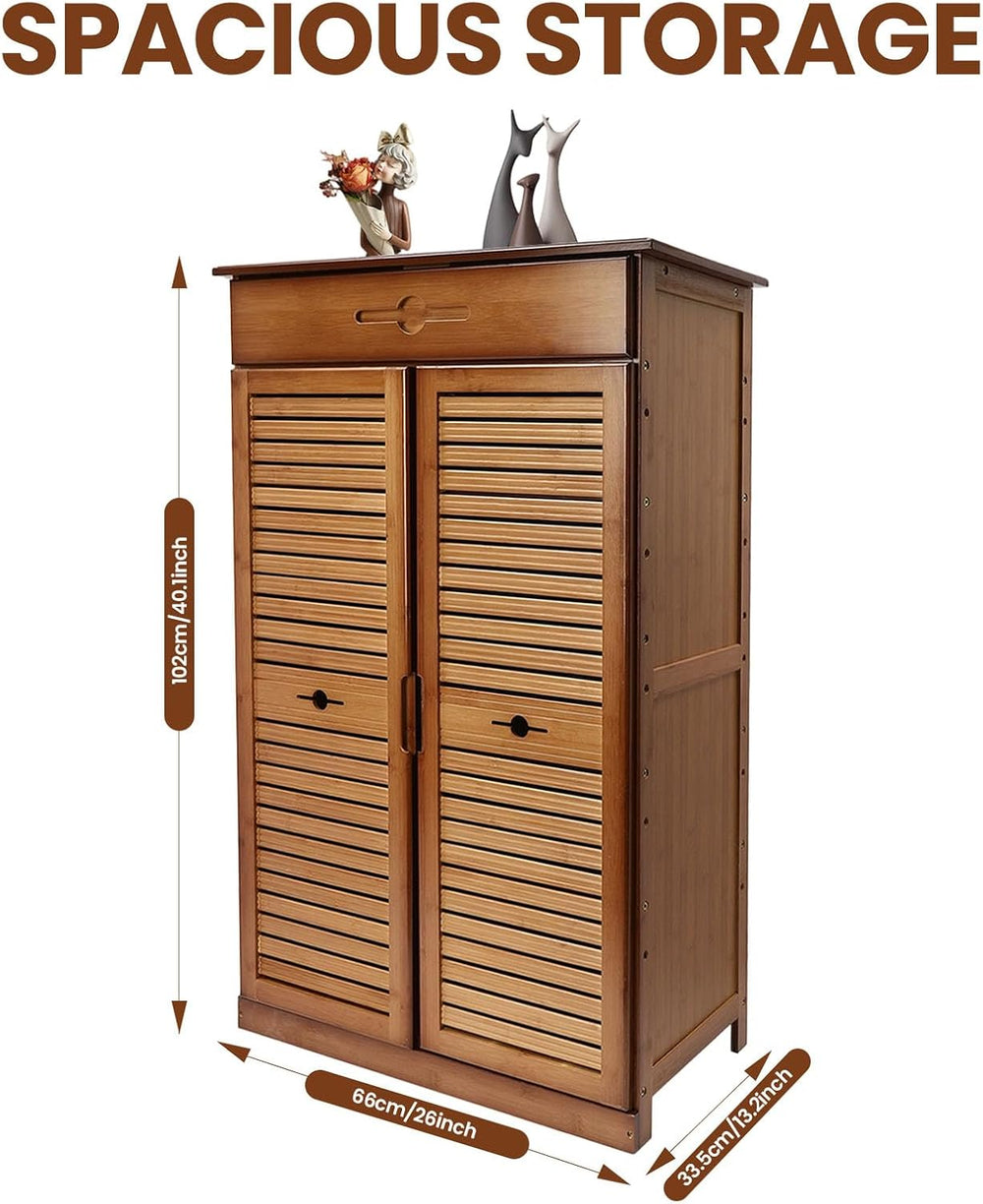 5 Tier Shoe Cabinet with Drawer, Bamboo Shoe Cabinet Organizer with Door, Ret...
