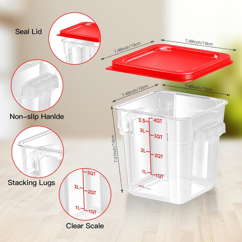 4 pcs 4qt Food Storage Containers with Lid, Square Clear Commercial Food Stor...