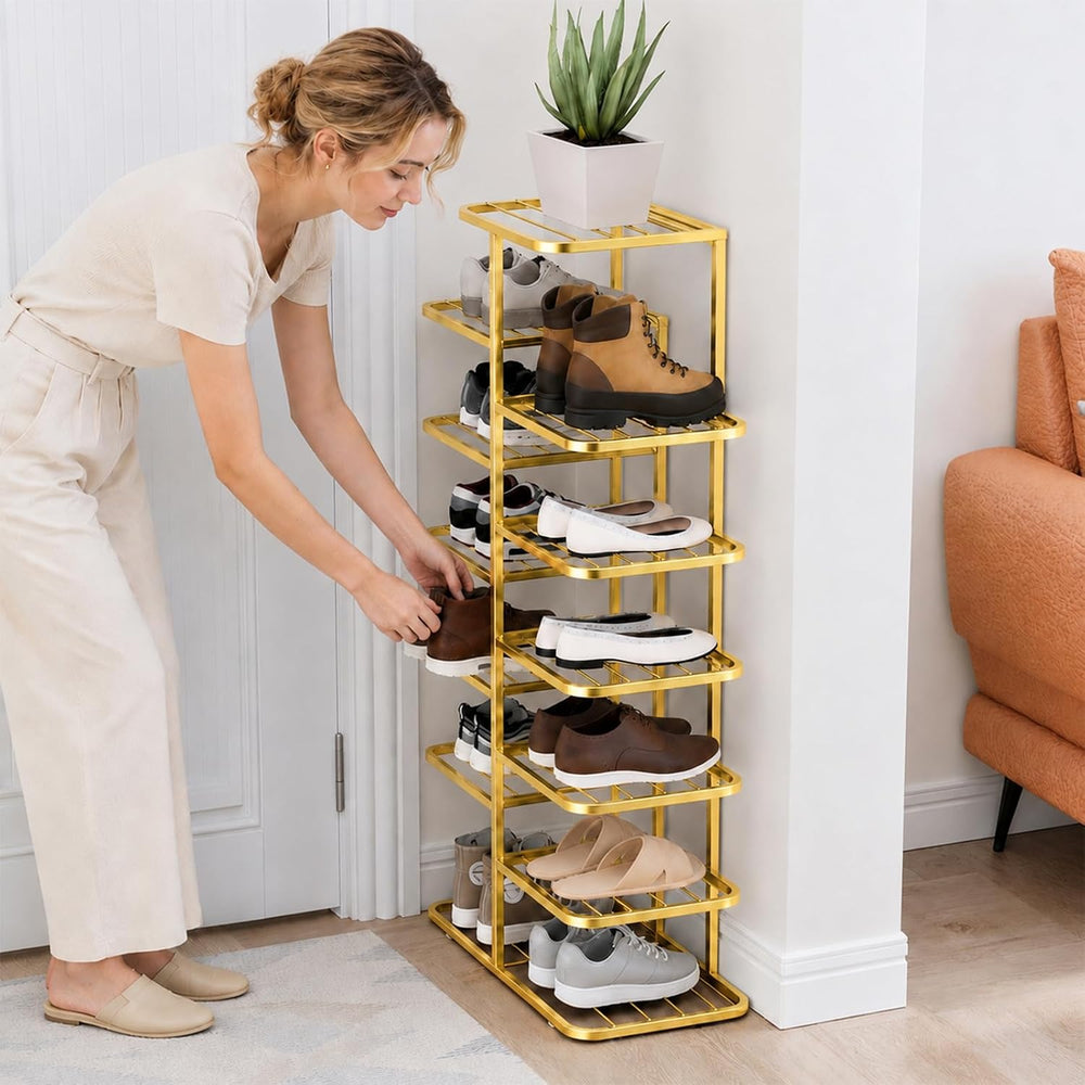 JSWHYBD Gold Shoe Rack Tower, Narrow Metal Organizer for Small Spaces