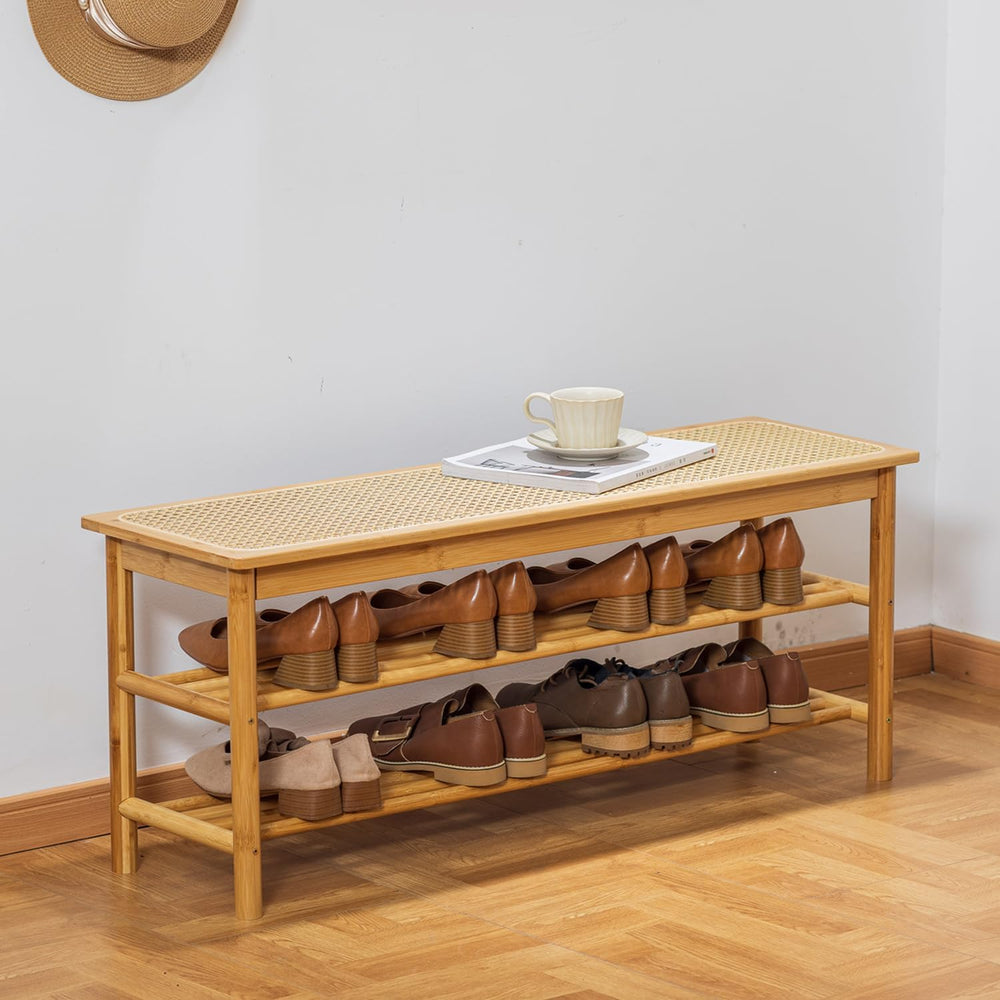 latifolia Shoe Rack Bench, 3-Tier Bamboo Shoe Bench with Breathable Rattan Se...