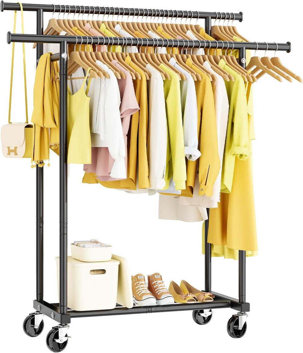HYSEYY Double Rods Clothes Rack, Rolling Clothing Rack for Hanging Clothes Po...