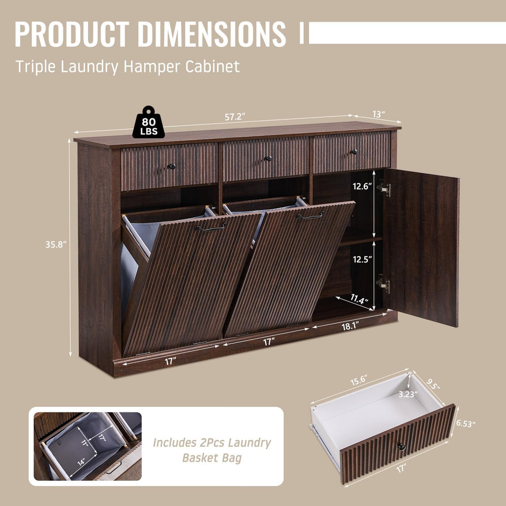 IFBUY Triple Tilt Out Laundry Hamper Cabinet, Trash Can Cabinet, Brown