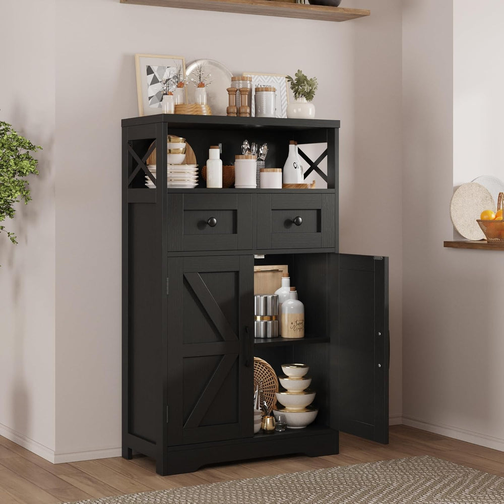 Black Farmhouse Storage Cabinet with Doors and Drawers, Small Pantry Hutch