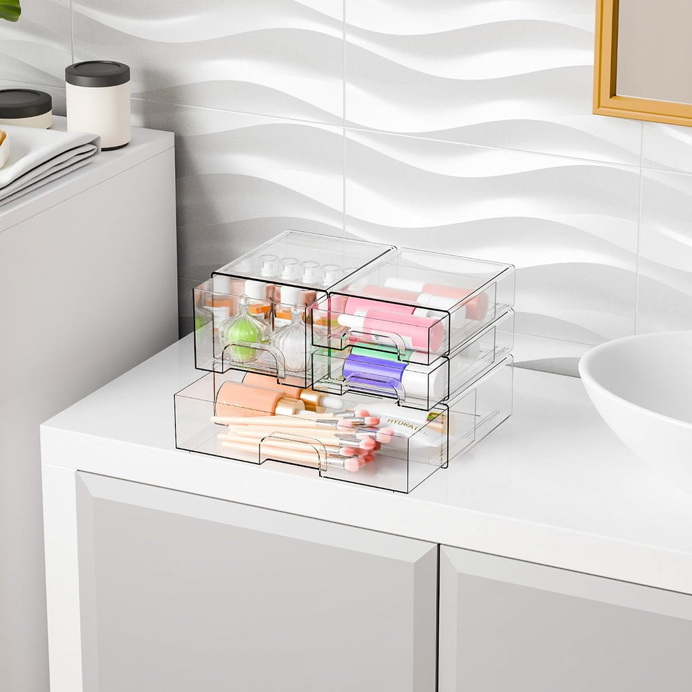 4 Pack Clear Stackable Storage Drawers,Pull-Out Medicine Cabinet Organizer an...