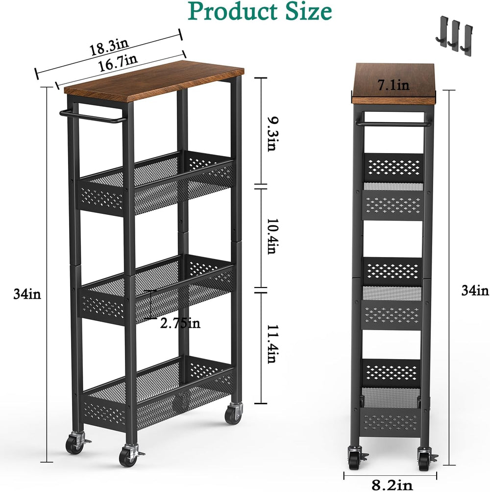 XYZLVSI Utility Slim Storage Cart, 4 Tier Kitchen Narrow Shelf on Wheels
