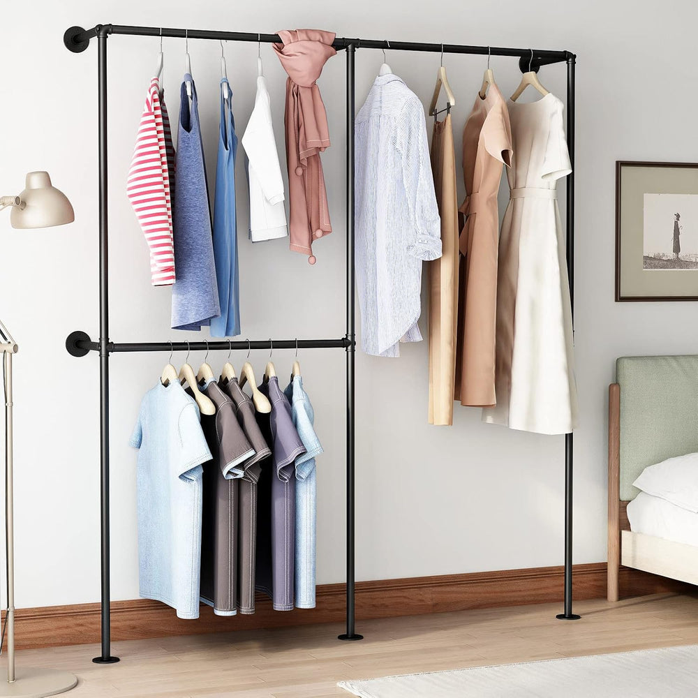 DR.IRON Industrial Pipe Clothing Racks with Double Bar, Industrial Black Clot...