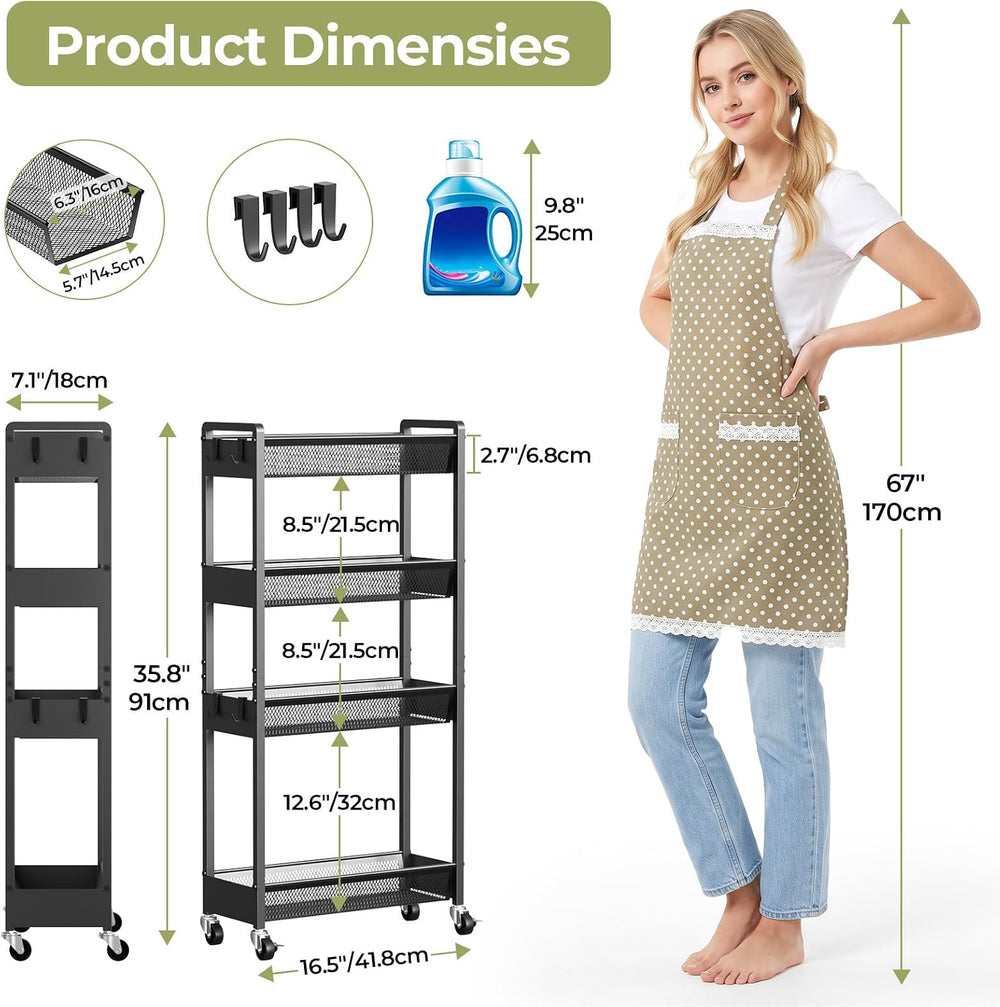 Delamu 4 Tier Slim Rolling Storage Cart, Utility Metal Narrow Cart 7.1" W