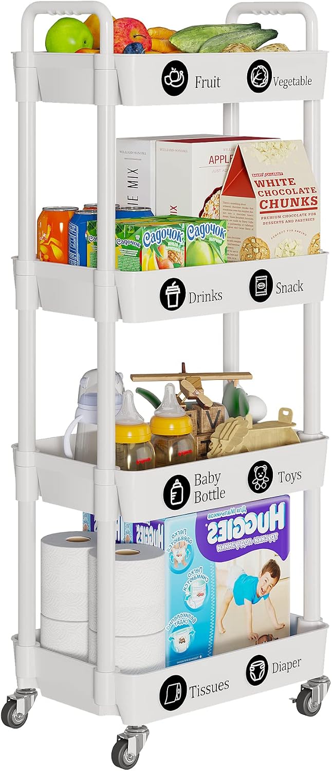 4 Tier Rolling Cart with Wheels, Utility Storage Carts,White