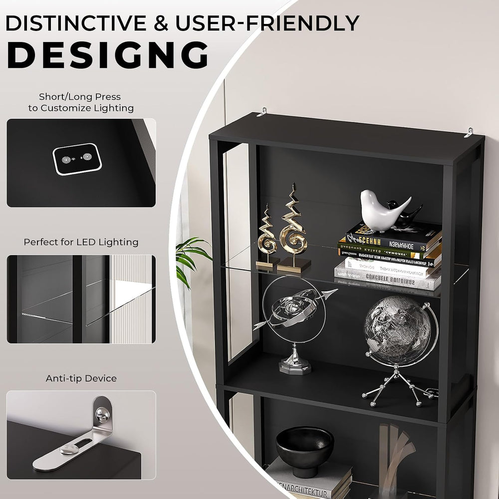 Display Cabinet with Glass Shelves, 4-Tier Display Shelf, Black