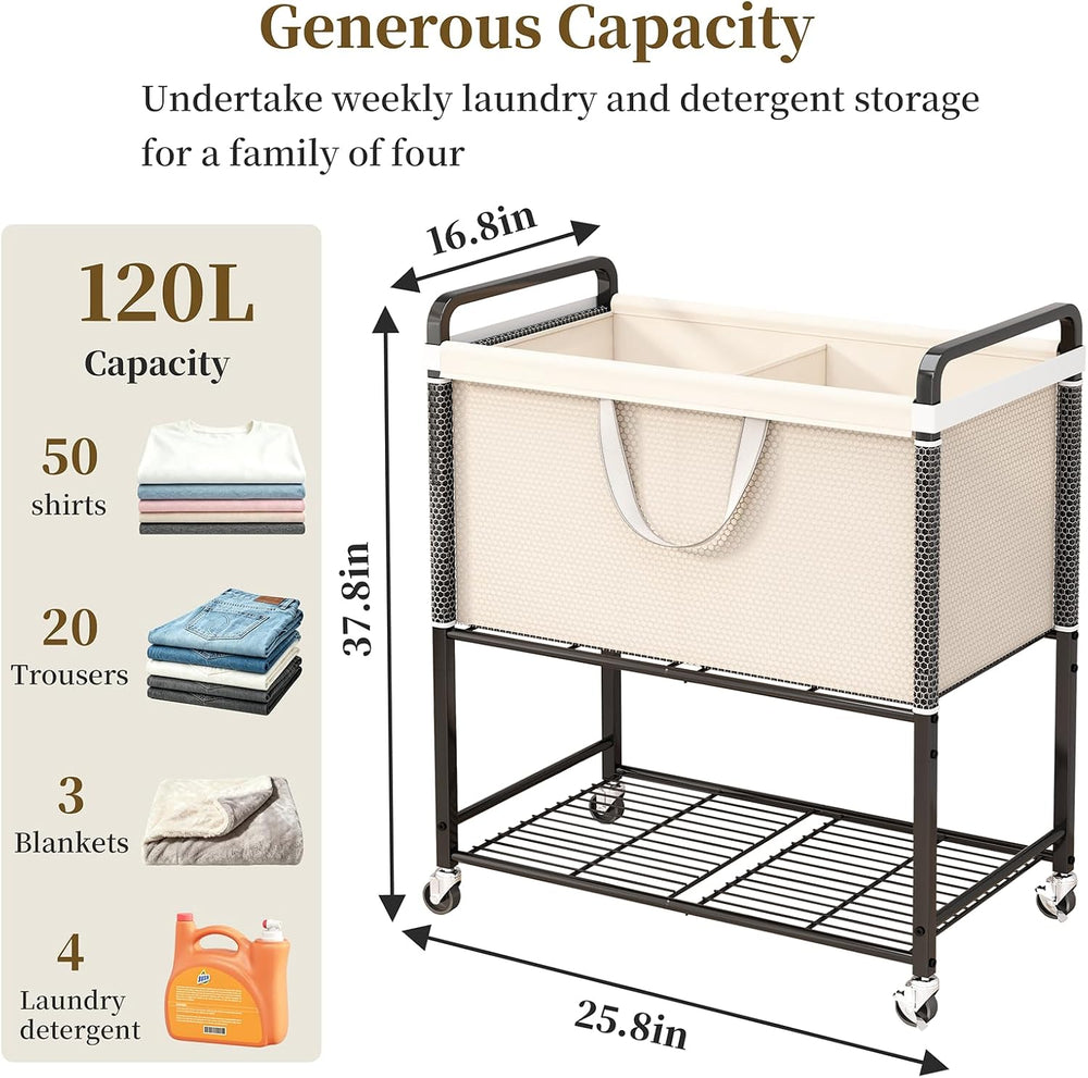 Laundry Hamper Rolling Sorter: 120L Large Basket with Wheels Removable Bag