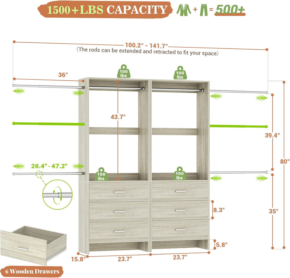 Aheaplus Closet System with Drawers and Rods, Set of 2,White Oak