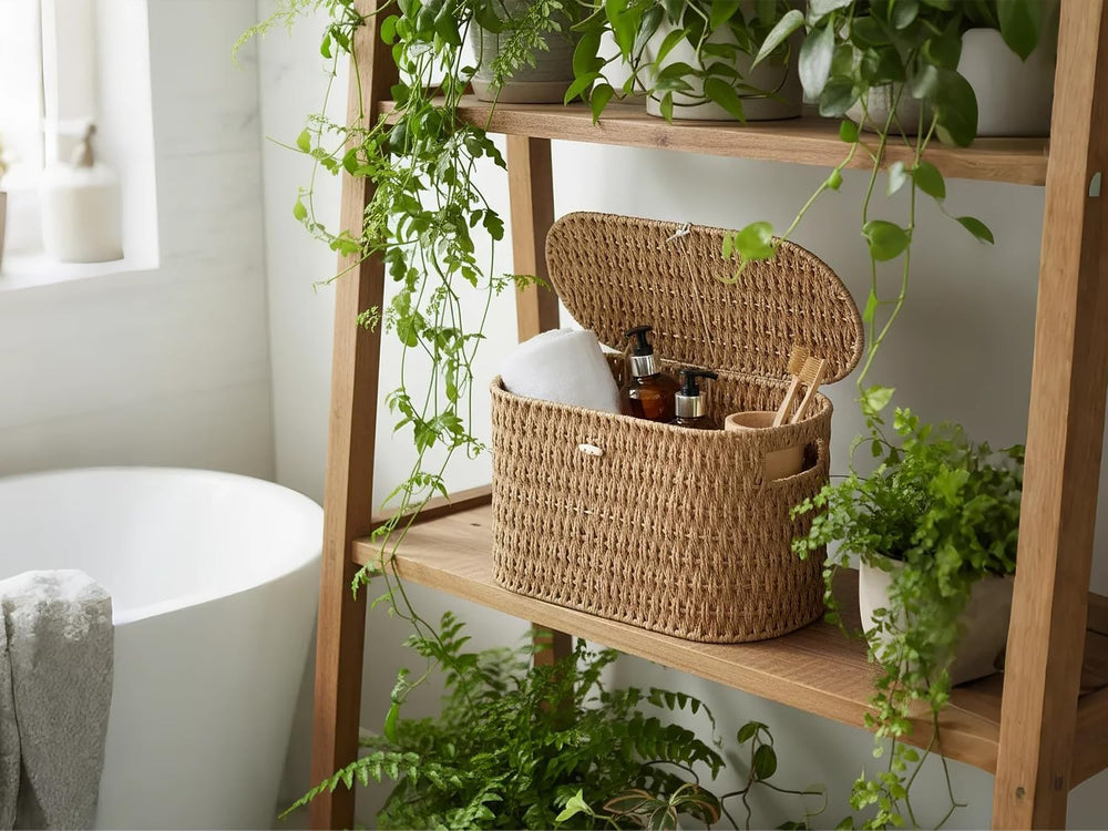 Toilet Paper Storage Basket with Lid, Paper Rope Wicker Basket for Bathroom O...