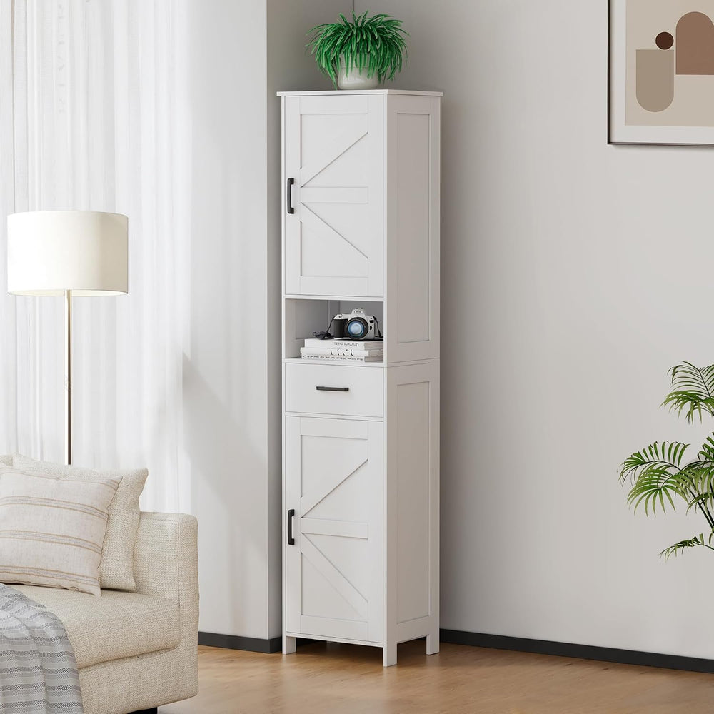 Homhedy 67" H Tall Bathroom Storage Cabinet with Barn Doors and Drawer