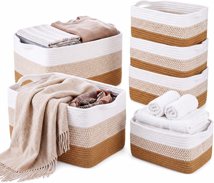 Sawysine 6 Pack Cotton Rope Woven Storage Baskets, 2 Size Organizer Bins