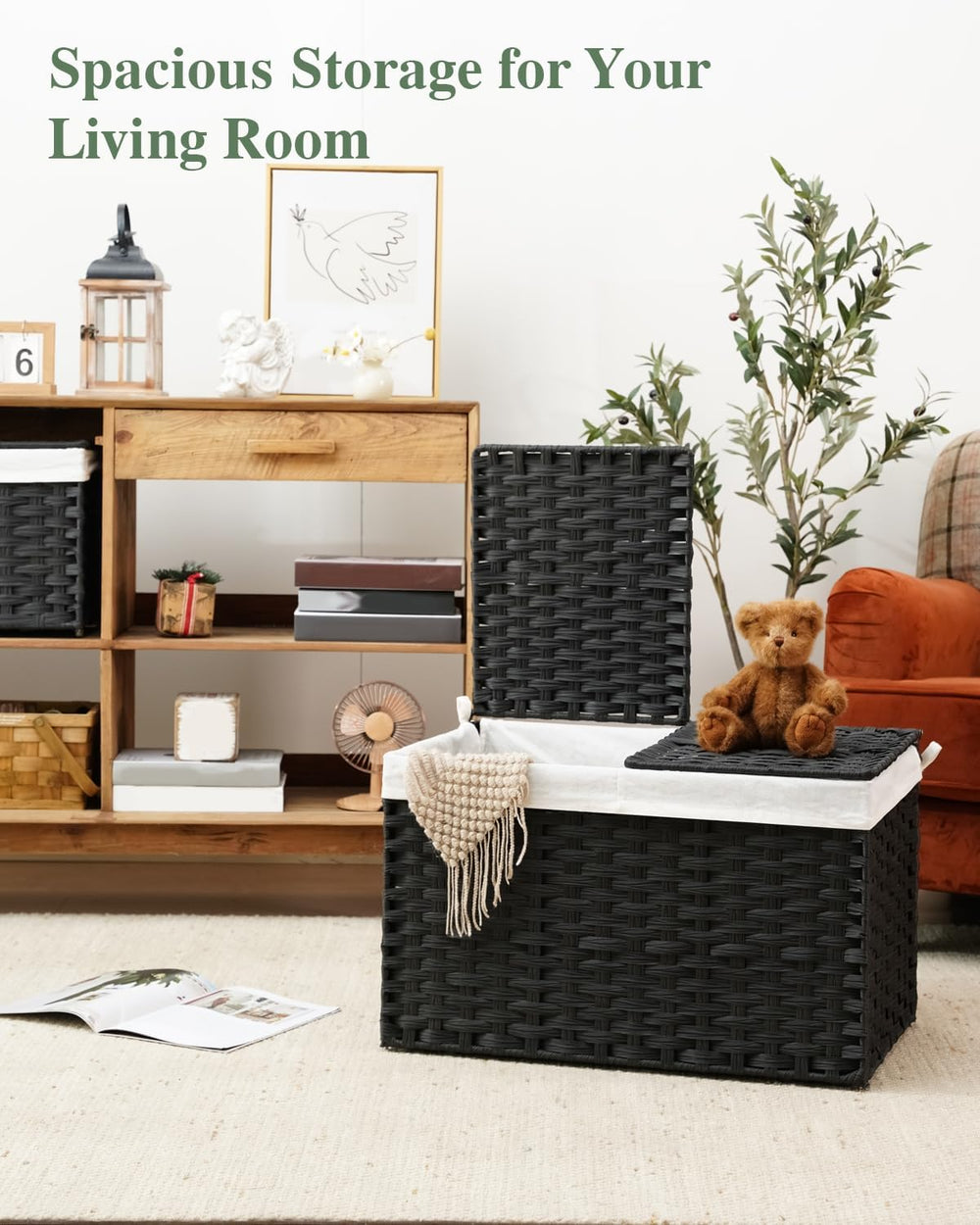 SETVSON Storage Basket with Lid PE Rattan Storage Basket 105L, Black