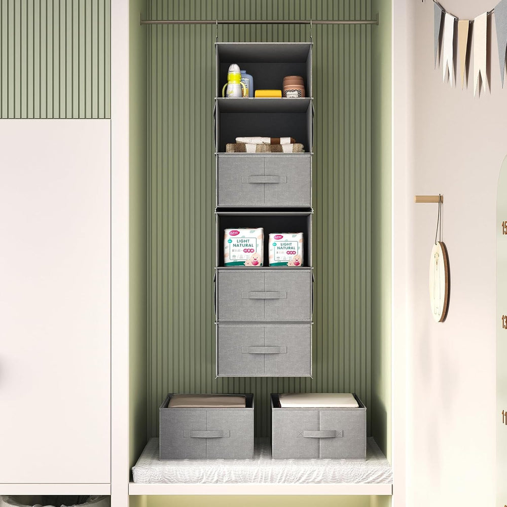 6-Shelf Hanging Closet Organizer with 3 Drawers, Separable, Medium Gray