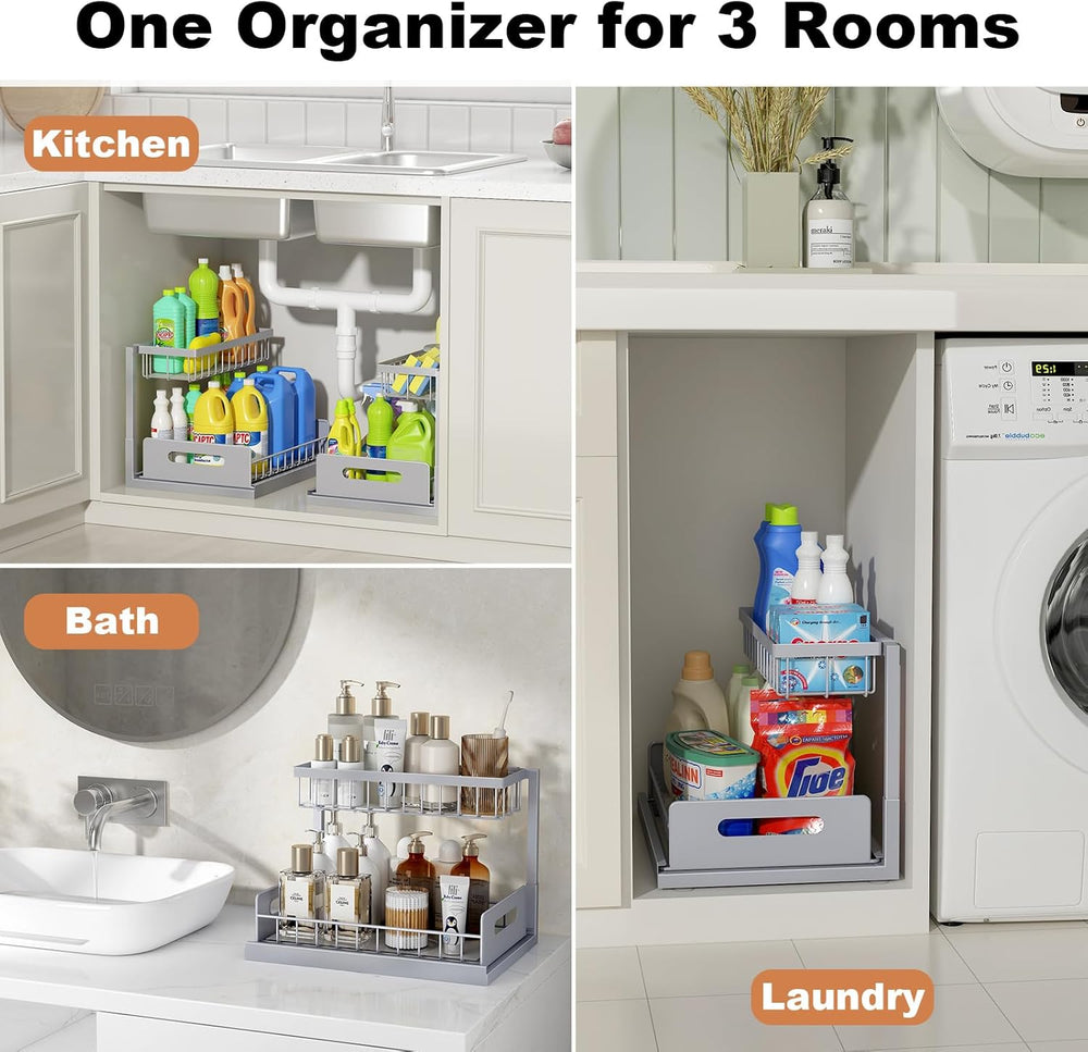 REALINN Under Sink Organizer, L-Shaped 2 Tier Pull Out Cabinet Organizer