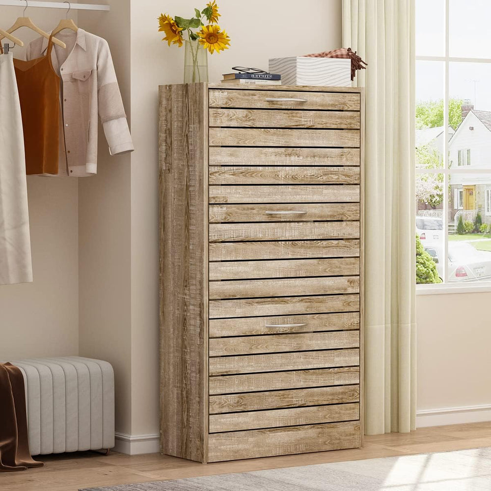 AGOTENI Natural Narrow Shoe Storage Cabinet with 3 Flip Doors & Adjustabl...
