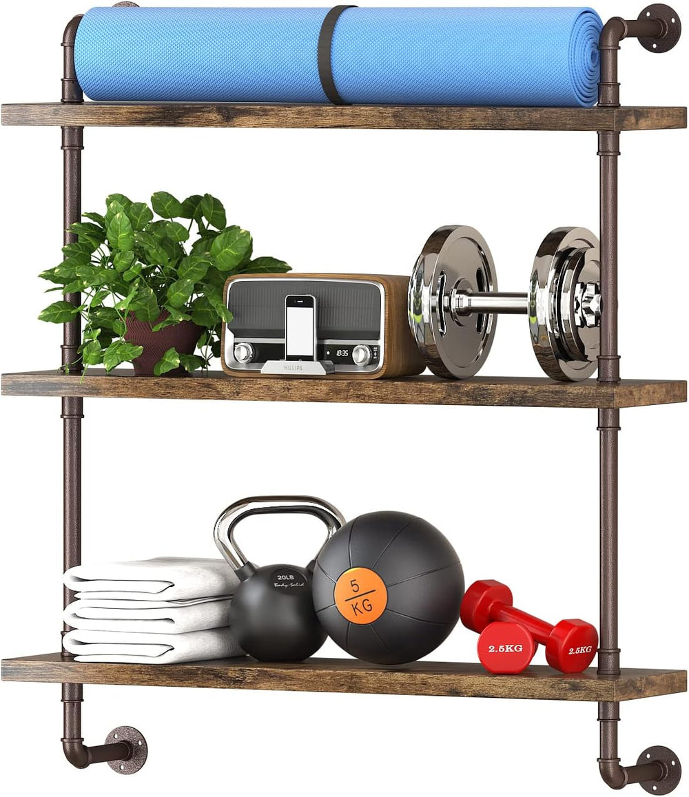 Helsin 3 Tier Industrial Pipe Shelf Rustic Wood Floating Wall Display Bookshe...