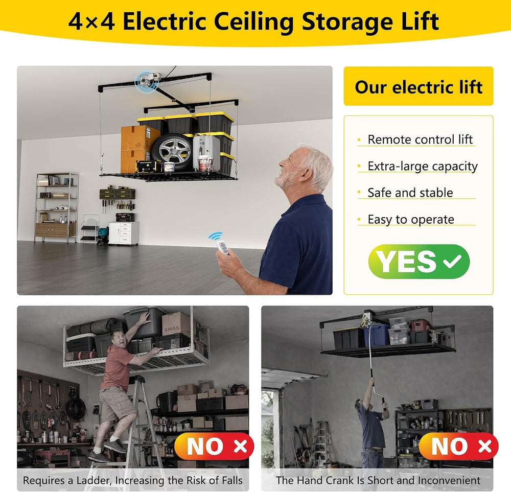Motorized Overhead Garage Storage Rack with Remote Control, 4x4 FT Garage Cei...