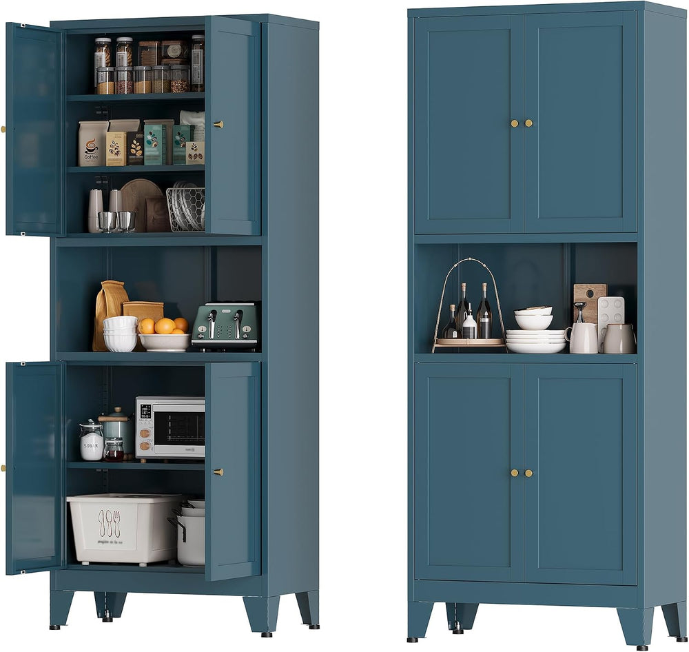 Metal Pantry Cabinet, Tall Kitchen Cabinet with 4 Doors & Adjustable Shel...