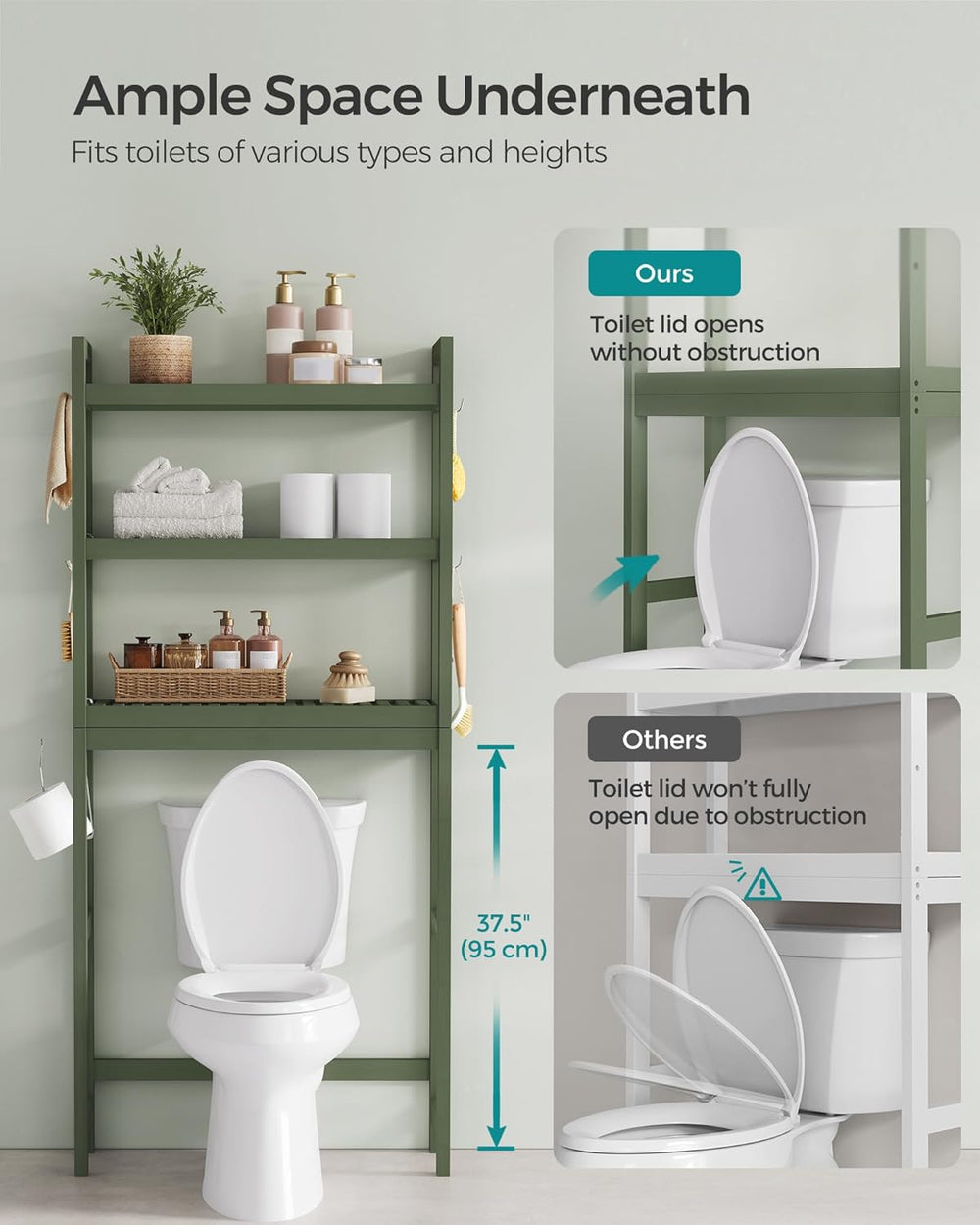 SONGMICS 3-Tier Bamboo Over The Toilet Storage, Adjustable Shelf, 66.9'