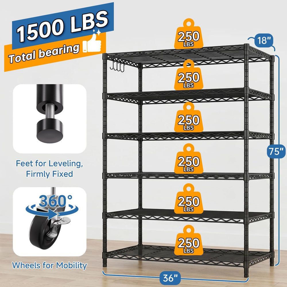 6 Tier 36" W x 18" D x 78" H Rolling Wire Metal Storage Shelve...