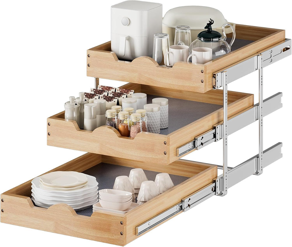 DINDON 3 Tier Pull Out Cabinet Organizer 17”W X21”D Slide Out Shelves With Sh...