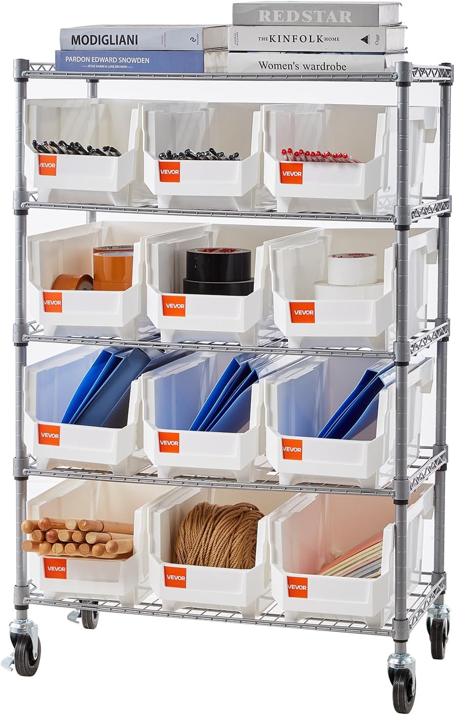 VEVOR 5-Tier Rolling Bin Storage Rack, 12 Organizer Bins, Bin Rack Storage St...