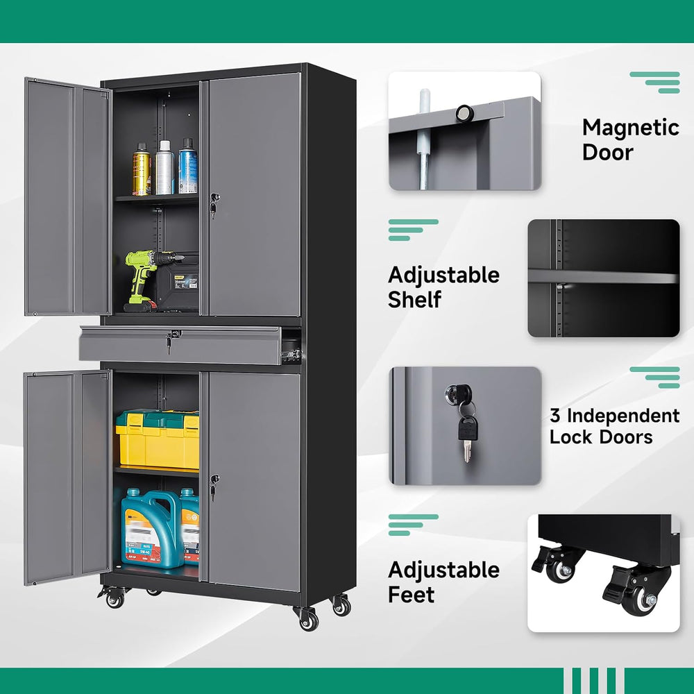 Letaya Metal Garage Storage Cabinet with Wheels,72” Rolling Tool Cabinet with...