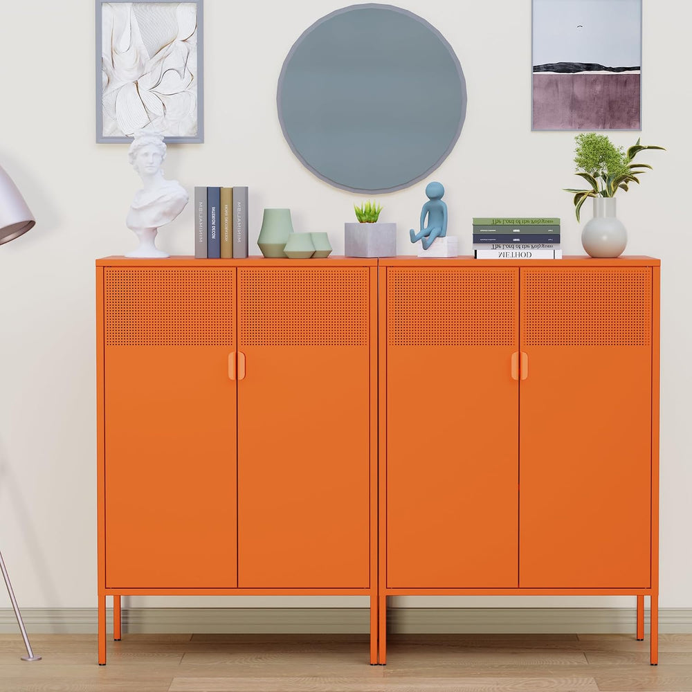 Ustamio Orange 3 Tier Metal Storage Cabinet with Legs, 2 Door Metal Locker St...