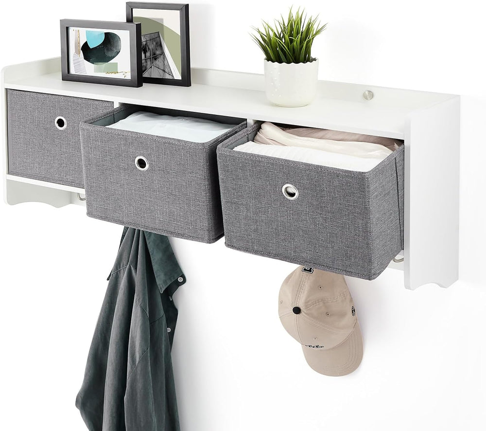 Mondeer Wooden Coat Rack Shelf Wall Mounted with 3 Baskets 5 Hooks White