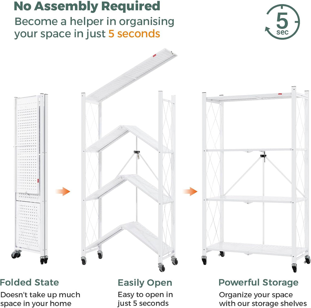 DEANIC 4 Tier Foldable Storage Shelves with Wheels, Large Capacity Shelving U...
