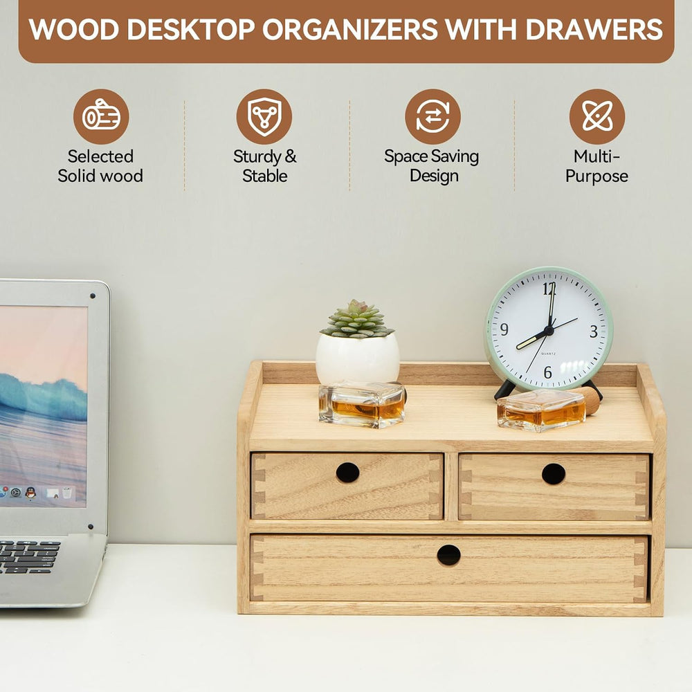 KIRIGEN Wooden Desk Organizer with 3 Drawers and Top Tray Natural DT2D3C-NA