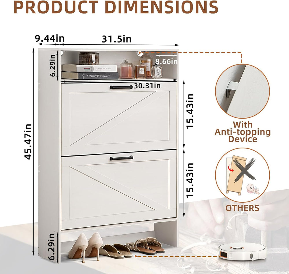 RWYHG Shoe Cabinet with 2 Flip Drawers, Narrow Entryway Organizer,White