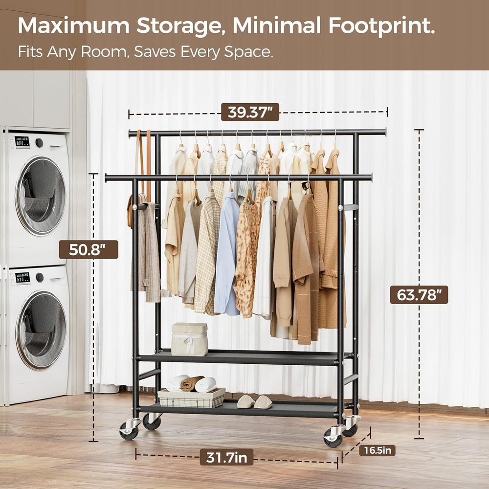 HYSEYY Clothes Rack,Double Rods Rolling Clothing Rack for Hanging Clothes,Por...