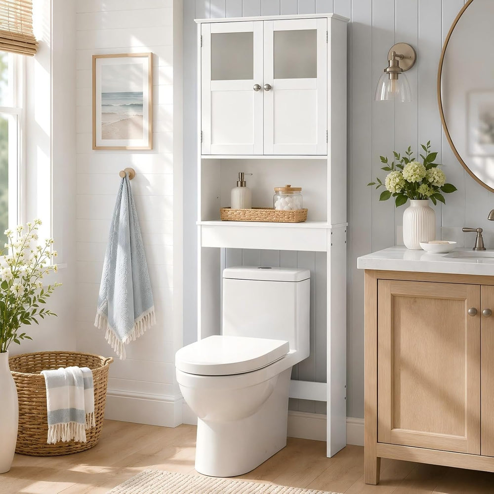Bonnlo Over the Toilet Storage Cabinet with Adjustable Shelf White Bathroom F...