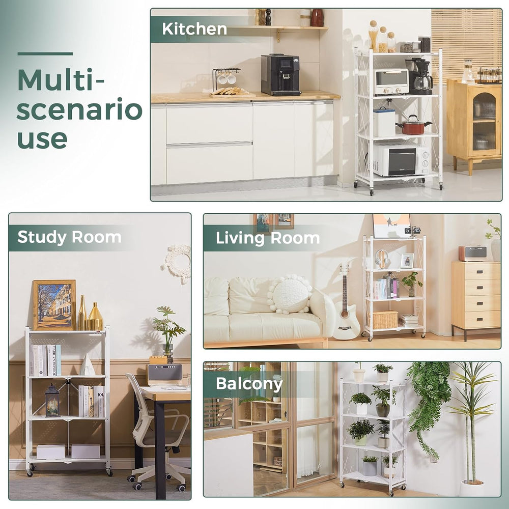 DEANIC 4 Tier Foldable Storage Shelves with Wheels, Large Capacity Shelving U...