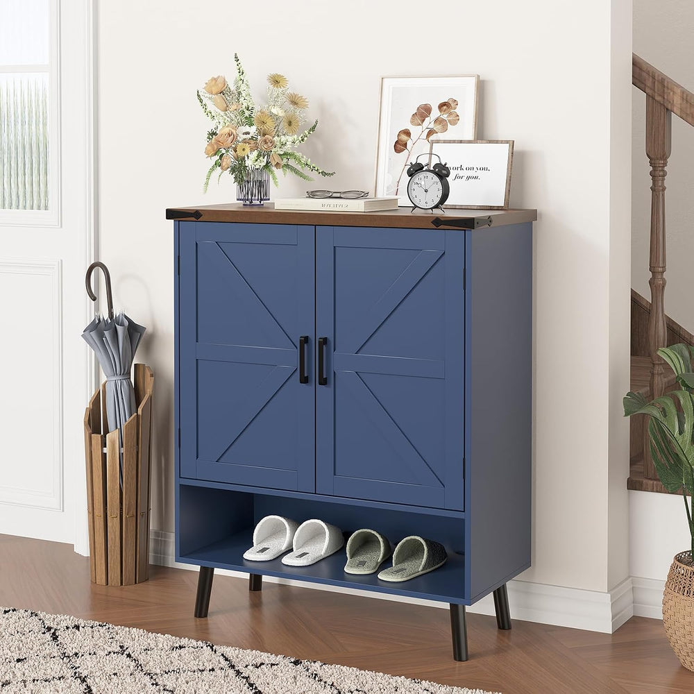 Vabches 34" Tall Farmhouse Shoe Storage Cabinet with Barn Doors, Navy Blue