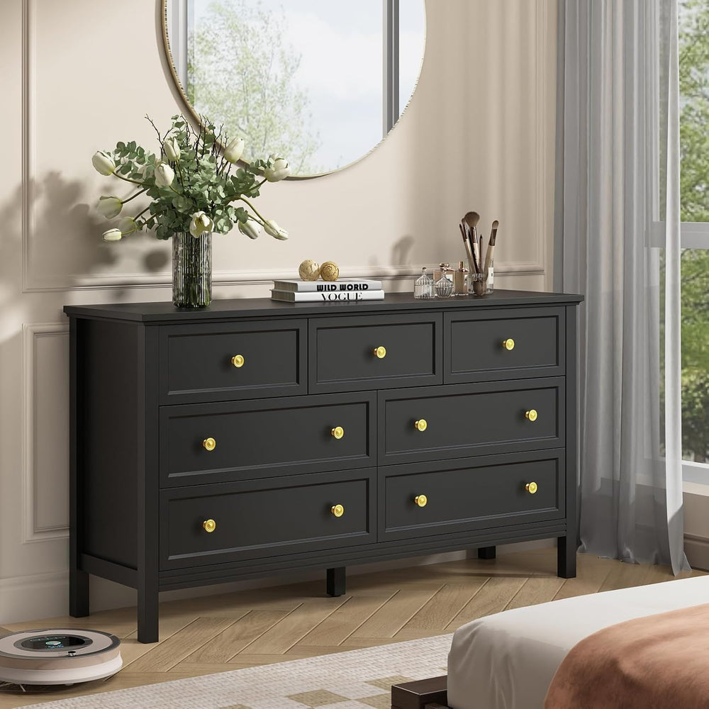 CARPETNAL 55" Black Dresser for Bedroom, 7 Drawer Black and Gold Dresser...