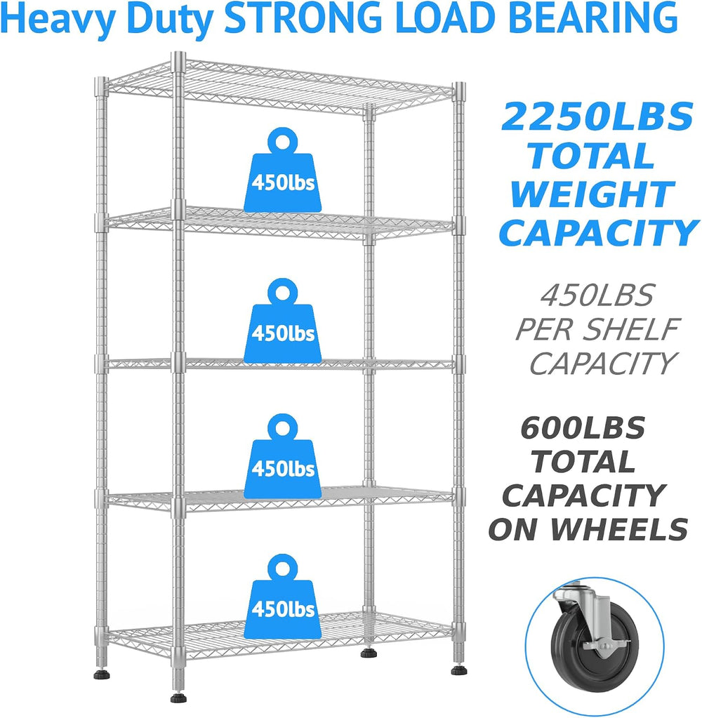 Homdox Heavy Duty Storage Shelves, 5 Tier Wire Shelving Unit with Wheels, Com...