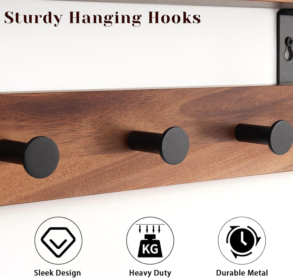 Coat Rack Wall Mount with Shelf, 22" Walnut Wood Wall Shelf with Hooks, ...