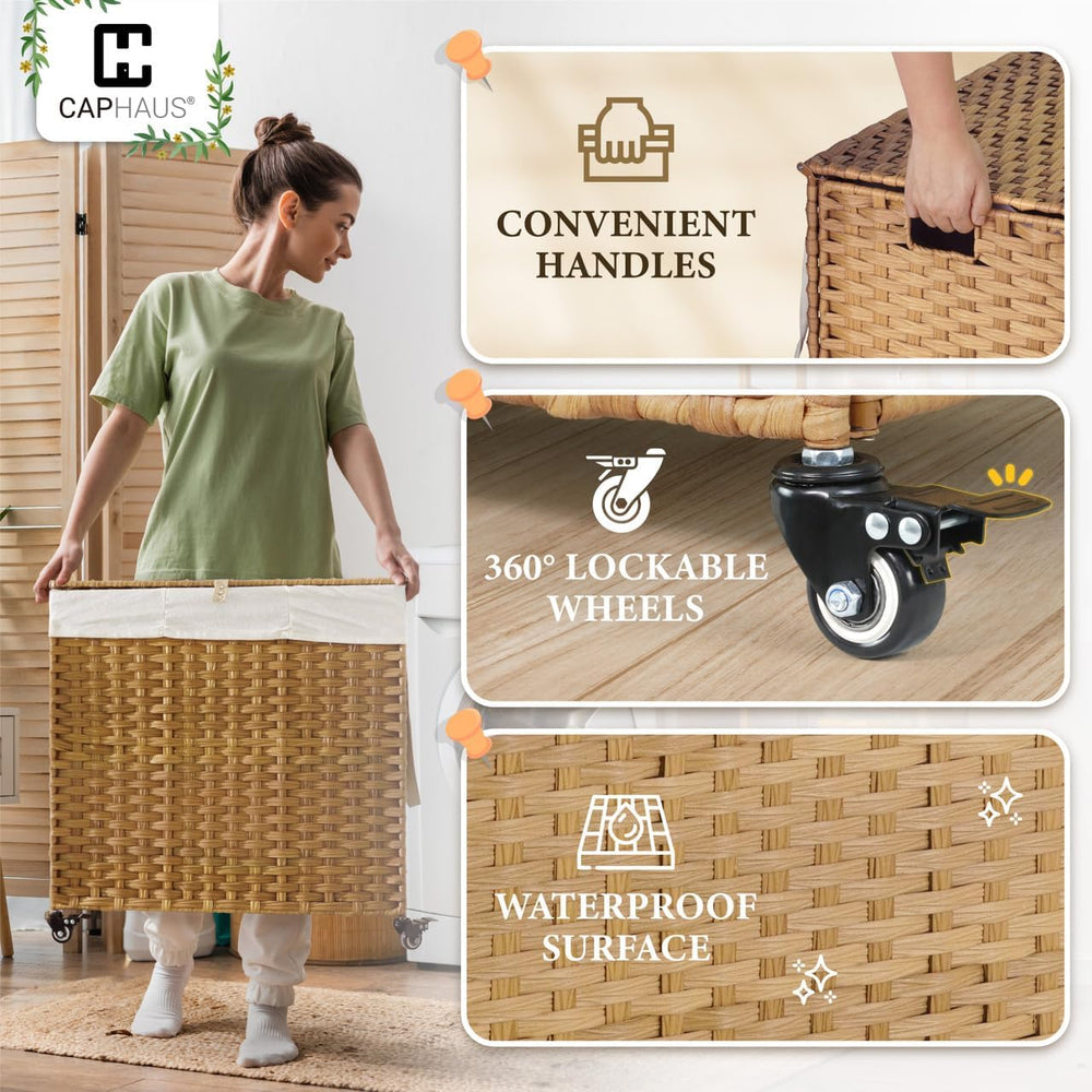 CAPHAUS Handwoven Basket w/Lid for Storage, Synthetic Rattan Laundry Hamper w...