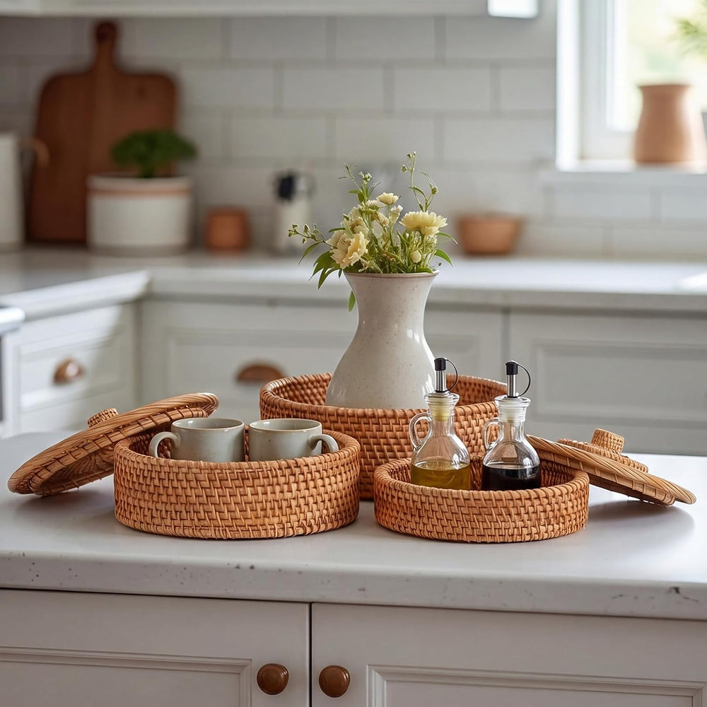 Newtay 3 Pack Rattan Basket with Lid, Round Wicker Storage Basket Woven Box R...