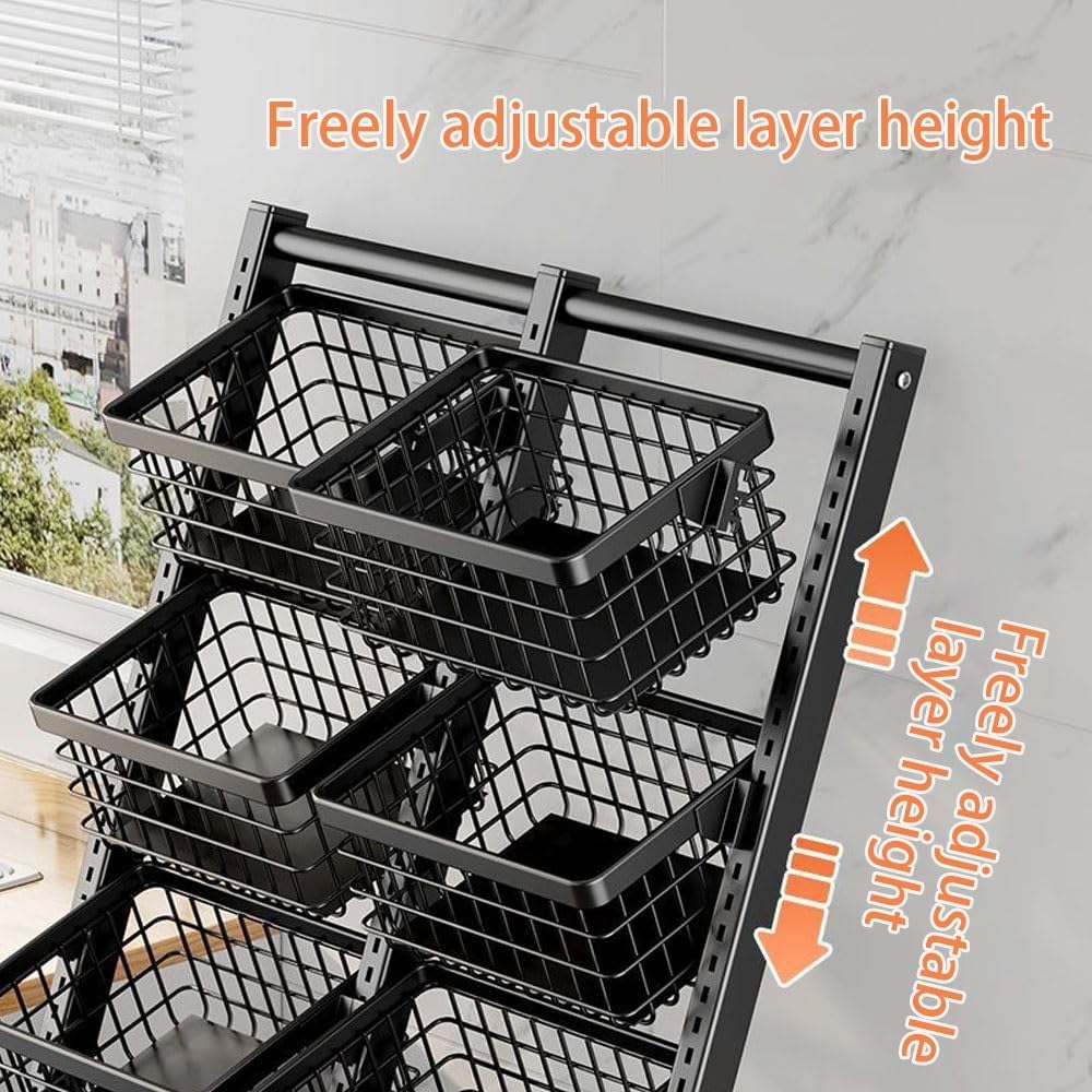 4-Tier Fruit Vegetable Rack, Kitchen Organizer with Wheels(Black)